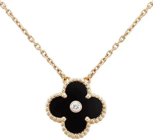 [Dawnora Jewelry]CLOVER 15MM DIAMOND ONYX NECKLACE